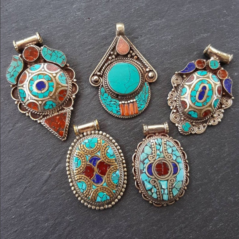 Turquoise pendant Tribal pendant Nepali jewelry gemstone pendant Lapis 1pc Nepalese pendant Tibetan Nepal pendant Coral pendant