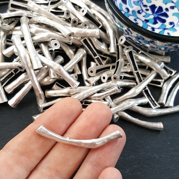 Organic Bar Bead, Curve Bead, Silver Tube Spacer, Curve Tube, Beading Tube, Silver Bar, Bracelet Bead, Bar Tube, Matte Silver Plated 1pc