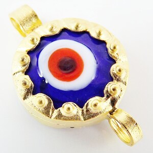 Navy Blue Evil Eye Round Glass Connector Pendant 22k Matte Gold Plated 1pc image 2