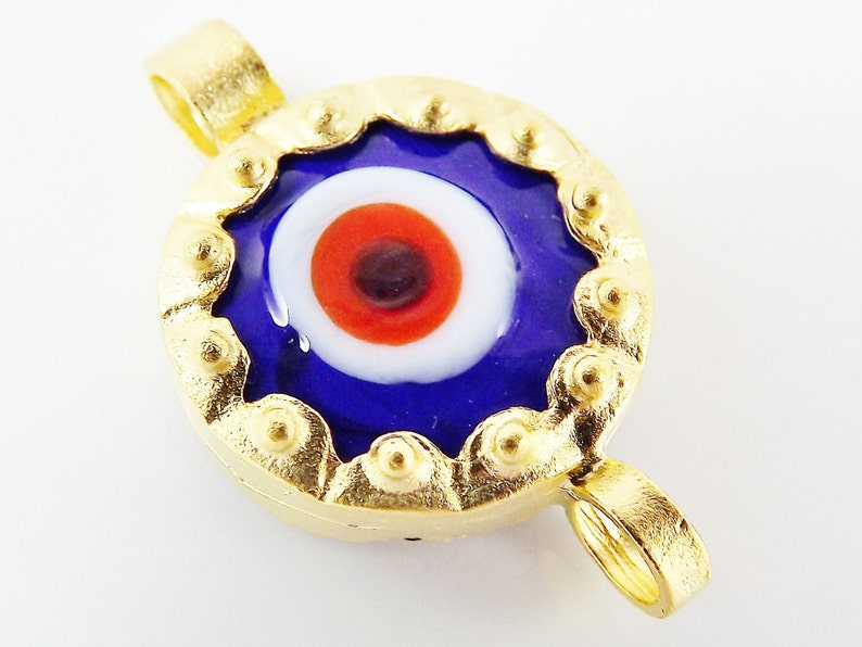 Navy Blue Evil Eye Round Glass Connector Pendant 22k Matte Gold Plated 1pc image 2