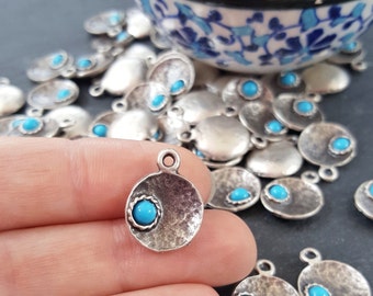 Blue Bead Inverted Dome Shaped Pendant Charms Matte Antiques Silver Plated Jewelry Making findings Turkish Supplies - 5 pcs