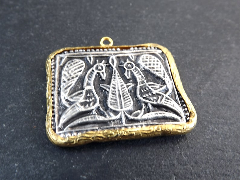 Ancient Greek Byzantine Coin Shiny Gold Medallion Charm Antique Silver Plated Greek Peacock Bird Coin Pendant Gold Frame Bezel