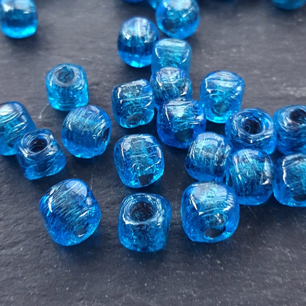 30 Aegean Blue Glass Beads Rustic Cube Square Bead Traditional Turkish Artisan Handmade Beading 7mm - Turkish Glass Beads