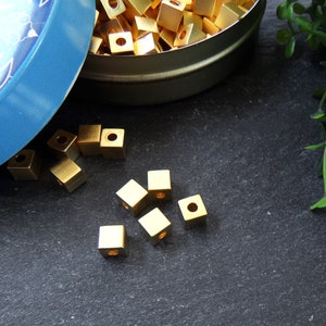 5mm Gold Cube Beads, Gold Square Beads, Lathe Beads, Non Tarnish Gold Brass Beads, 22k Matte Gold Plated, 5pcs