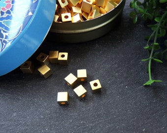 5mm Gold Cube Beads, Gold Square Beads, Lathe Beads, Non Tarnish Gold Brass Beads, 22k Matte Gold Plated, 5pcs