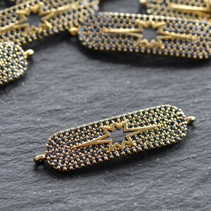 Celestial North Star Bracelet Connector, Gold Rectangle Starburst Charm, CZ Rhinestone Micro Pave, DIY Jewelry Finding, Gold Plated