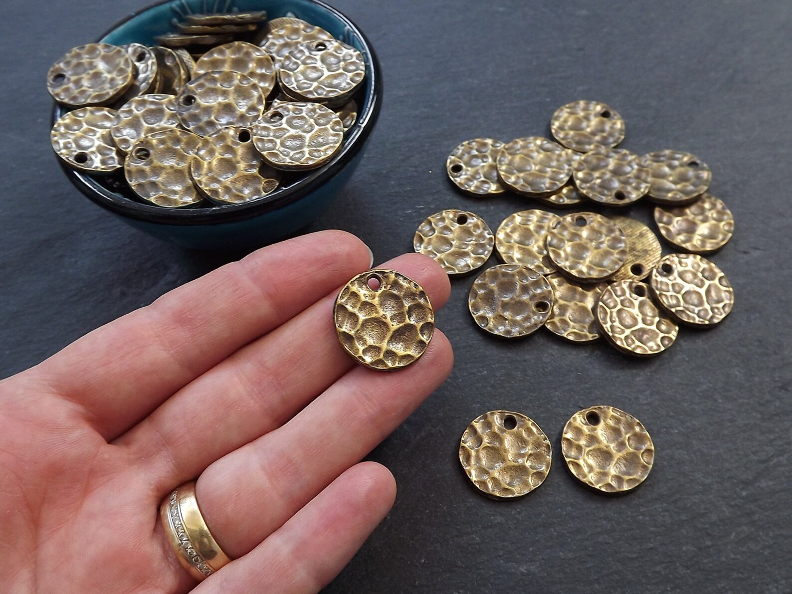 Hammered Bronze Pendant Hammered Disc Charms Round Hammered Etsy