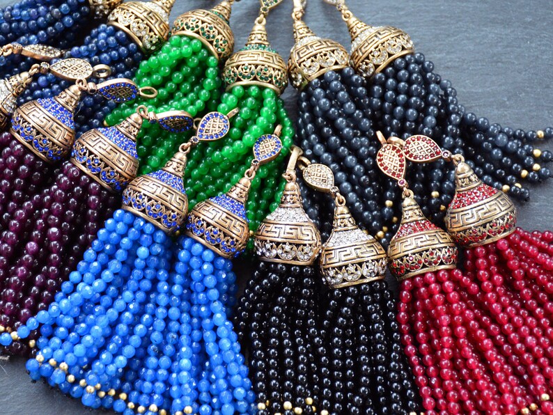 1PC Antique Bronze Large Long Emerald Green Jade Stone Beaded Tassel with Crystal Accents Greek Key Pattern