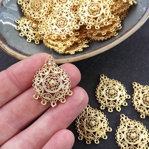 May include: Gold filigree pendant charms with a circular design and multiple loops. The charms are shown in a bowl and in a hand.