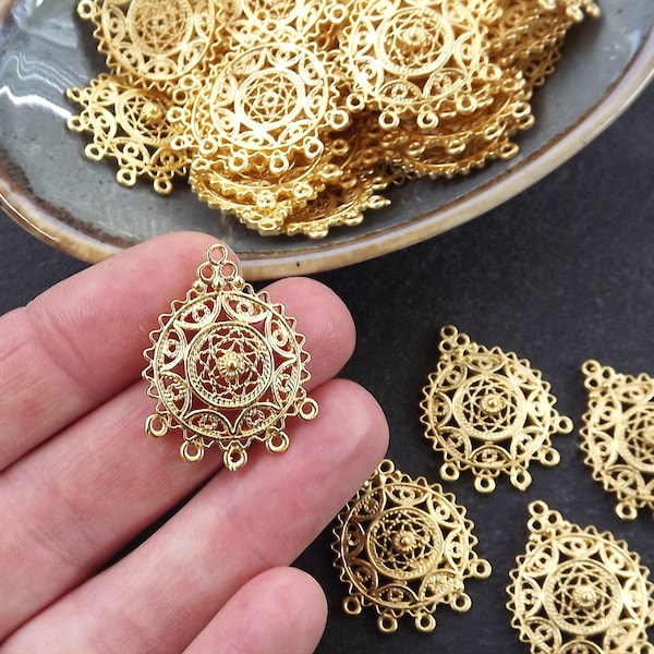 Round Filigree Pendant, Connector Pendants, Chandelier Pendant, Earring Chandelier, Earring Links, Multi Loop, 22k Matte Gold, 4pc