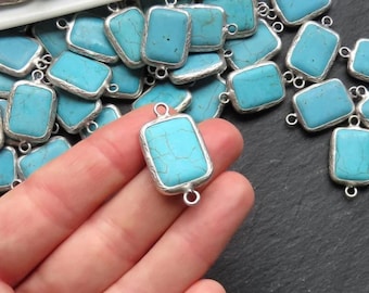 Colgante conector de eslabón de piedra turquesa con marco rectangular de 22 mm, estación de componente para pulsera o collar, bisel chapado en plata antigua mate - 1 unidad