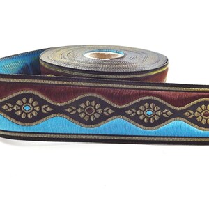 Cinta de adorno jacquard bordada con motivo de margarita ondulada azul marrón - 1 metro o 3,3 pies o 1,09 yardas