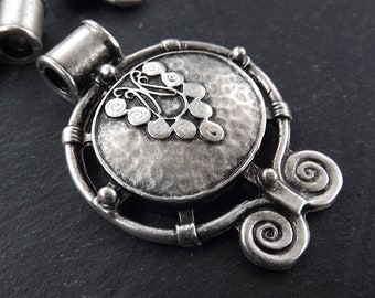 Silver Tribal Pendant, Round Ethnic Pendant, Statement Pendant, Scroll, Boho, Focal Pendant, Disc Pendant, Matte Antique Silver Plated