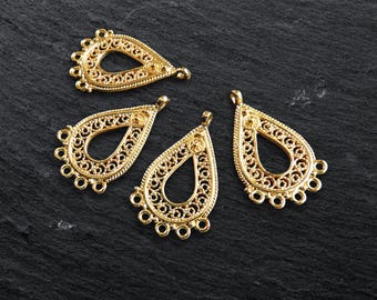 Filigree Teardrop Chandelier Charm with 5 Link Holes Loops, Connector for Earrings and Necklaces, 24k Shiny Gold Plated, 4pcs