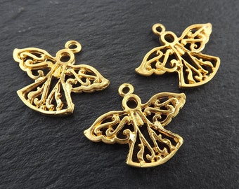 Gold Angel Charms, Rustic Angel Charms, Angel Pendants, Guardian Angel Charm, Angel Findings, Angel Components, 22k Matte Gold Plated, 3pc