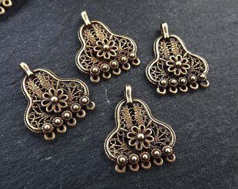 4 Filigree Telkari Chandelier Charm Pendants, Flower Detail, Bronze Charms, Filigree Earring Charms, 5 Loops Rings - Antique Bronze Plated