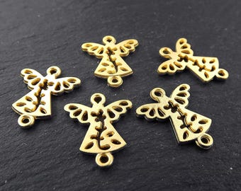 Mini connettori pendenti con ciondolo a forma di angelo traforato, placcati in oro opaco 22k, 5 pezzi