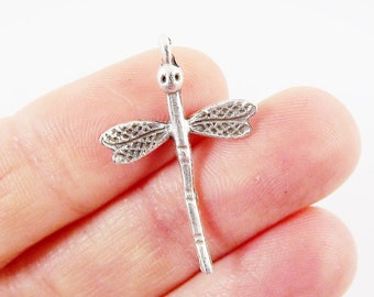 4 Dragonfly Charm Pendant  - Top Loop - Matte Silver Plated