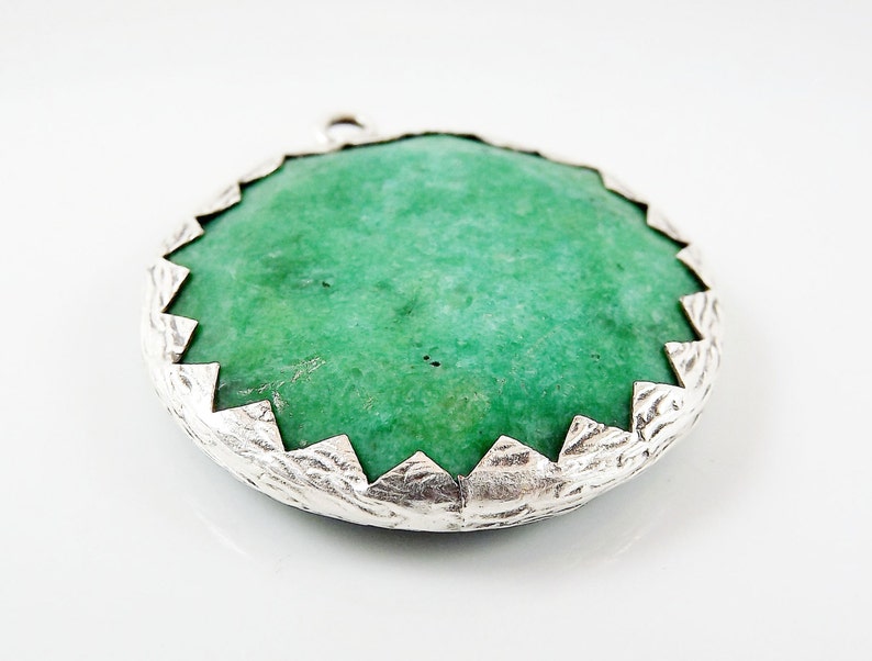 36mm Green Faceted Jade Stone Pendant Matte Silver Plated 1pc
