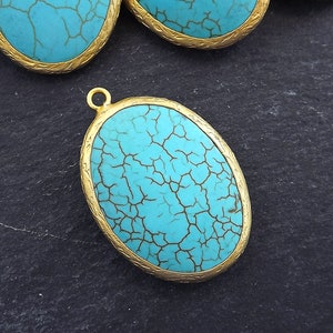 Oval Turquoise Pendant, Blue Pendant, Oval Stone Pendant, Turquoise Charm, Gold Bezel, Gemstone Pendant, 22k Matte Gold plated - 1pc