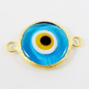 Translucent Blue Yellow Evil Eye Round Artisan Handmade Glass Connector - 22k Matte Gold Plated Bezel - 1pc