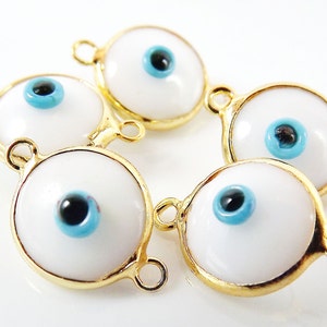 5 White Evil Eye Nazar Artisan Glass Bead Connector - Gold Plated Brass Bezel