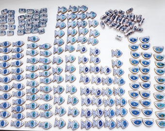 Handmade Evil Eye Ceramic Tube Bead, Long Artisan Bead for Jewelry