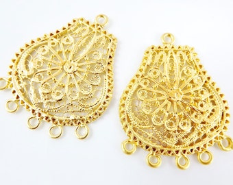 2 Large Exotic Filigree Chandelier Earring Component Pendant - 5 Loops Rings - 22k Matte Gold Plated