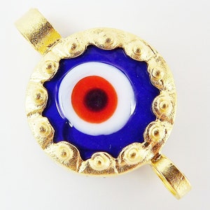 Navy Blue Evil Eye Round Glass Connector Pendant 22k Matte Gold Plated 1pc image 1