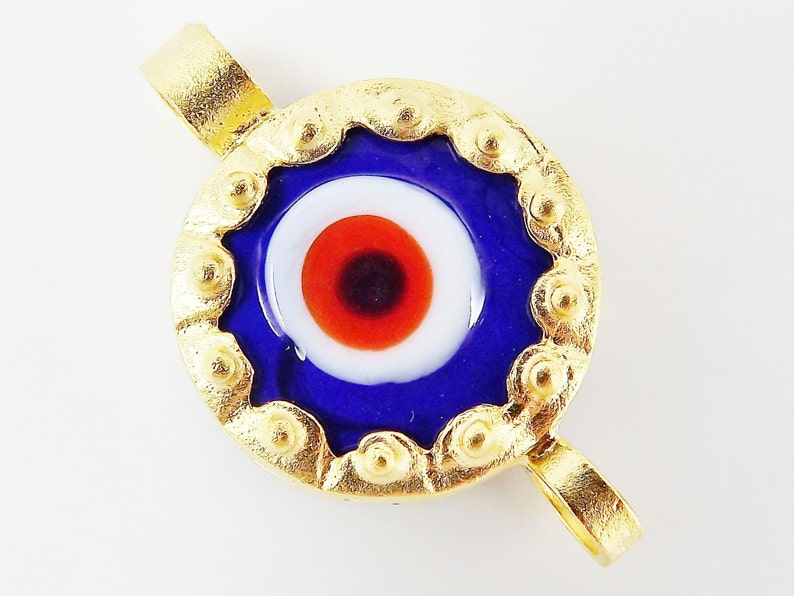 Navy Blue Evil Eye Round Glass Connector Pendant 22k Matte Gold Plated 1pc image 1