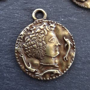 Persephone Greek Coin Rustic Cast Pendant - Goddess of the Underworld - Antique Bronze Plated  - 1pc