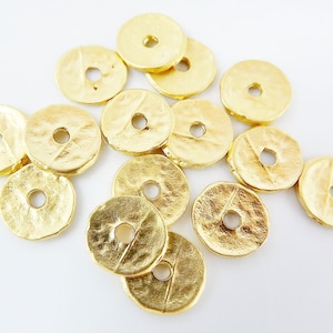 10 Gold Heishi Beads Hammered Disc Statement Spacer Bead 22k Matte Gold Plated Turkish Jewelry Making Supplies Findings Components image 2