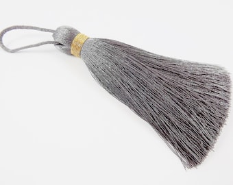 Extra Large Thick Gray Thread Tassels - Gold Metallic Band -  4.4 inches - 113mm - 1 pc