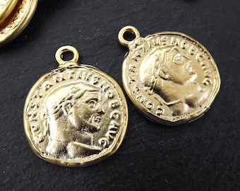 Roman Coin Pendant Charm, Constantius Coin Medallion, Genius of the Roman People, Replica Old Coin, 22k Mate Gold, 2pc