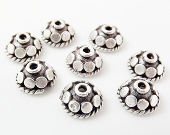 8 Mini Rustic Dotted Round Beadcaps - Matte Silver Plated