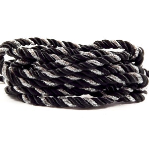 3.5mm Black Metallic Silver Twisted Rayon Satin Rope Silk Braid Cord - 3 Ply Twist - 1 meters - 1.09 Yards - No:17