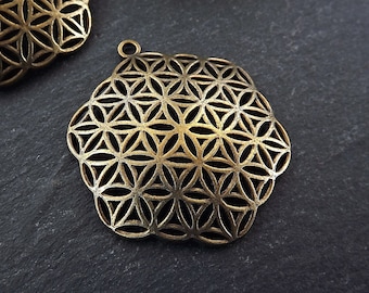 Bronze Flower of Life Pendant, Hexagon Pendant, Disc Pendant, Ethnic Pendant, Mandala Jewelry, Yoga Pendant, Antique Bronze Plated 2pc