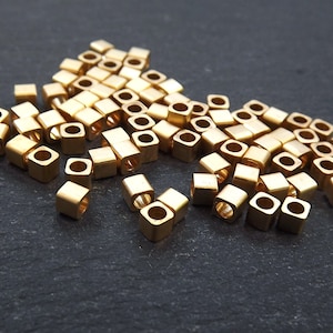 Gold Cube Beads, 3mm Cube Beads, Tiny Cube Beads, Small Cube Beads, Mini Cube Beads, Small Cube Beads, 22k Matte Gold Plated Brass - 30pcs