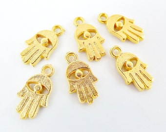 6 Rustic Mini Hamsa Hand of Fatima Eye Charms - 22k Matte Gold Plated