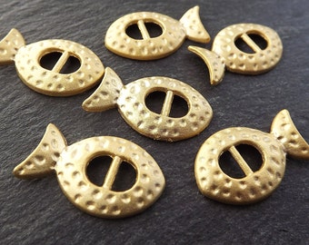 6 Hammered Dotted Curved Fish Slide Buckle Charms - 22k Matte Gold Plated