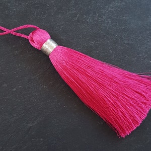 Magenta Pink Silk Tassel Braided Loop, Thick Tassels, Jewelry Tassel, Keychain Tassel, Mala Tassel, Garland Tassel, Silver Band, 113mm, 1pc