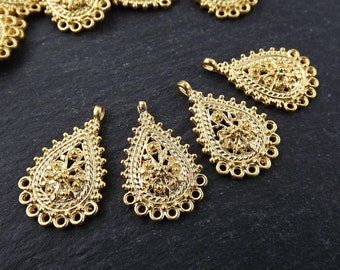 Filigree Chandelier, Flourish Pendant, Chandelier Charm, Earring Chandelier, Gold Chandelier, Telkari Pendant, 7 Loop, 22k Matte Gold, 4pc