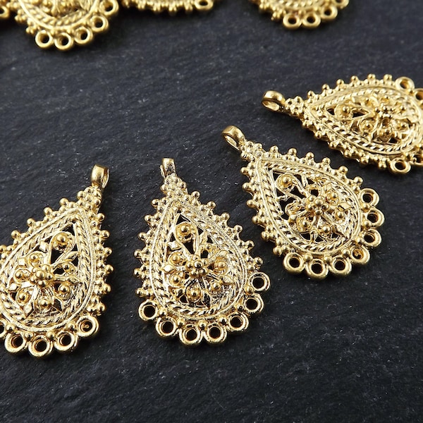 Filigree Chandelier, Flourish Pendant, Chandelier Charm, Earring Chandelier, Gold Chandelier, Telkari Pendant, 7 Loop, 22k Matte Gold, 4pc