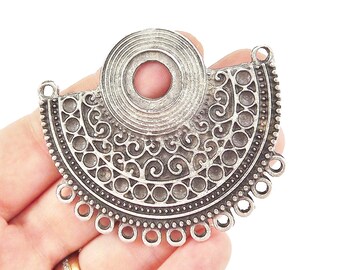 Ethnic Semi Circle Focal Collar Pendant Necklace Connector with Loops - Matte Antique Silver Plated - 1PC