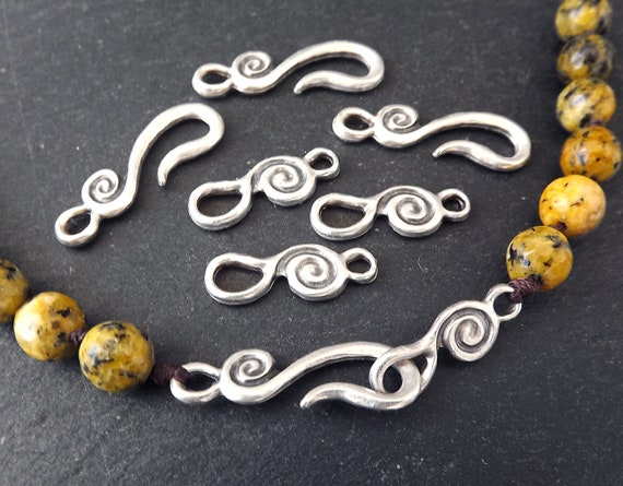 Hook and Eye Clasp, Silver Hook Clasp Set, Shepherds Hook Clasp, Necklace clasps, Bracelet Clasp, Spiral, Matte Antique Silver, 4 sets