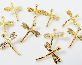 10 Mini Dragonfly Charms - 22k Matte Gold Plated - GCM122