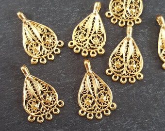 6 Mini Filigree Chandelier Drop Charm Pendant - 5 Loops Rings - 22k Matte Gold Plated