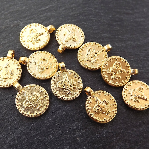Dotted Rim Gold Coin Charms Ethnic Round Replica Coins Turkish Tughra Jewelry Supplies Findings 22k Matte Gold Plated Non Tarnish