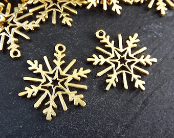 Gold Snowflake Pendant, Snowflake Charms,  Winter Charm, Christmas, Holidays, 22k Matte Gold Plated Brass , 2pc