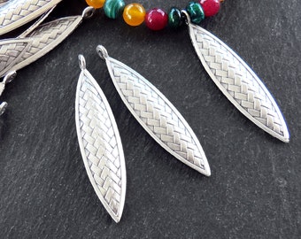 Woven Pointed Oval Pendant, Weave Pattern Earring Charm, Matte Antique Silver Plated  1pc